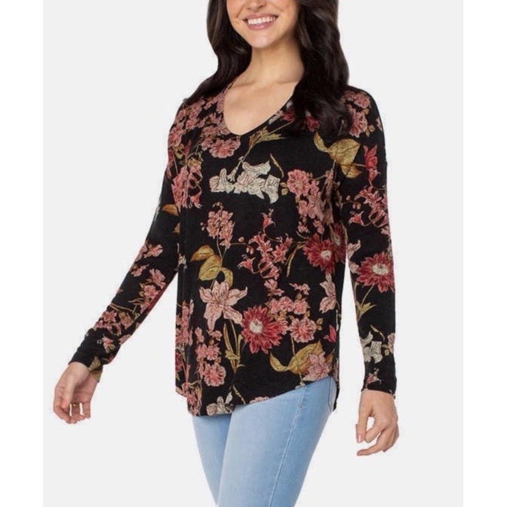 Well Worn‎ Size L Soft V-Neck Black Floral Sweater Long Sleeve Fall - Picture 7 of 8